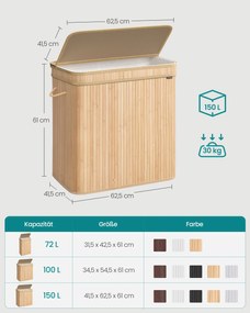 Cesto para roupa suja com tampa em bambu 150 litros 41,5 x 62,5 x 61 cm natural