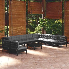 vidaXL 11 pcs conjunto lounge jardim c/ almofadões pinho maciço preto