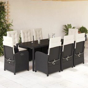 9 pcs conjunto de jantar p/ jardim c/ almofadões vime PE preto