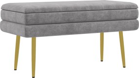 Banco com baú de arrumação 2 em 1, assento com acabamento em veludo e pés em aço - 79,5 x 37,5 x 43 cm, cinzento e dourado