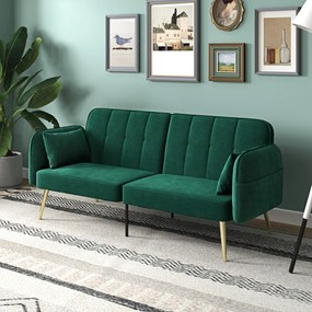 Sofá-cama de 2 lugares, 180 x 74 x 79,5 cm em tecido de veludo com encosto ajustável, verde escuro