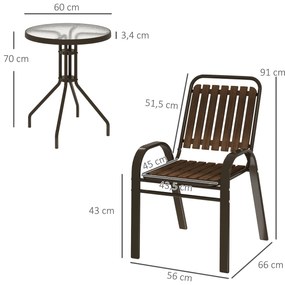 Conjunto de Jardim de 3 Peças com 2 Cadeiras Empilháveis Mesa com Bancada de Vidro Temperado Castanho Escuro