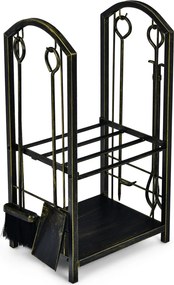 Conjunto de Suporte para Lenha e 4 Ferramentas de Lareira, 44 x 30 x 74 cm, 2 Níveis de Armazenamento, Bronze