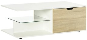 HOMCOM Mesa de Centro Moderna para Sala de Estar com Prateleira de Vidro Temperado e 2 Gavetas 106x58x39cm Branco e Madeira | Aosom Portugal