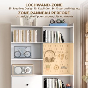 Estante para Livros Alta e Estreita com Painel Perfurado 2 Gavetas e 8 Compartimentos 120x30x200 cm Branco