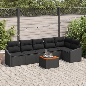 vidaXL Conjunto de Sofá de Jardim de 7 Peças com Almofadas Pretas Rattan Polido Acácia