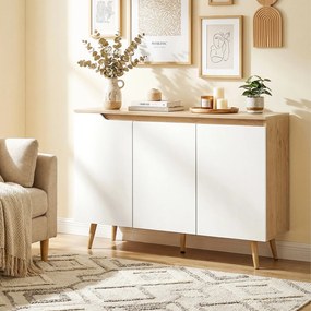 Aparador de Sala com 3 Portas Prateleiras Ajustáveis Pernas de Madeira para Cozinha Entrada 107x35x76,5 cm Carvalho e Branco