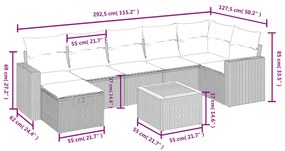 8 pcs conjunto sofás de jardim c/ almofadões vime PE cinzento