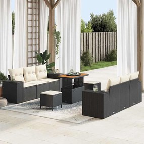 vidaXL Conjunto de Sofás de Jardim com Almofadas Rattan Preto - 9 Peças