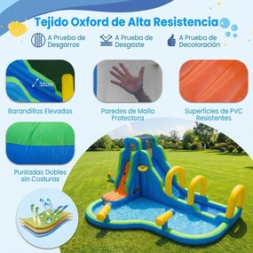 Parque Aquático Castelo Insuflável com Escorrega 465 x 345 x 242 cm, Parede de Escalada, Aro de Basquetebol, Piscina, Salpicos, Ventilador de 850 W –