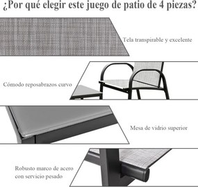 Conjunto Jardim de Mesa de Centro, 2 Cadeiras, Banco e Mesa de Centro de Jardim em Ferro e Malha para Terraço Exterior Cinzento