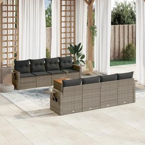 9 pcs conjunto sofás p/ jardim com almofadões vime PE cinzento