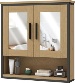 Armário de parede para casa de banho com espelho 56 x 13 x 60 cm, móvel de casa de banho com compartimento aberto e prateleira ajustável, cor carvalho