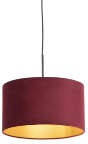 Candeeiro de suspensão preto com abajur de veludo vermelho e dourado 35 cm - Combi Clássico / Antigo
