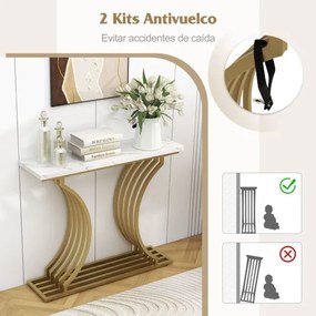 Mesa de consola moderna de 100 cm com tampo em mármore sintético e pernas metálicas geométricas para sala de estar dourada