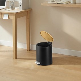 Caixote do lixo para casa de banho de 6 litros, com tampa de bambu, com pedal Preto