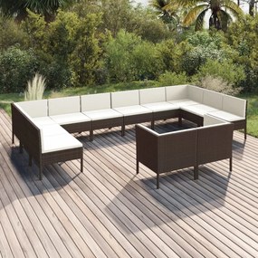 vidaXL 12 pcs conjunto lounge jardim c/ almofadões vime PE castanho