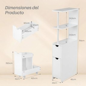 Armário de arrumação estreito de casa de banho 45 × 20 × 114 cm compacto, com prateleiras abertas, gaveta extraível e carrinho branco