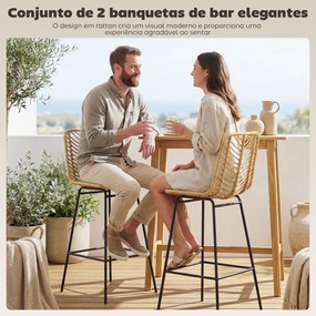 Bancos Altos de Cozinha em Vime Sintético Bancos de Bar Modernos com Pés de Aço 42,5x52x102 cm Madeira e Preto