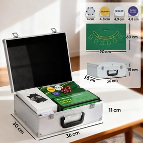 Mala de póquer - Conjunto completo de póquer com 300 fichas, cartas de jogar, dados, crupiê, tapete, chaves, mala em ABS, prata