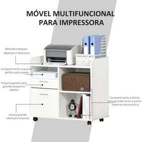 Armário para Impressora com 3 Compartimentos 2 Gavetas para Arquivos Prateleira 2 Rodas com Freios 80x40x72 cm Branco