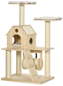 PawHut Árvore Arranhador Gatos Cama Almofada Lavável Caverna Rolo Postes Sisal Rampa 70x50x125cm Madeira