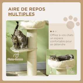 Arranhador para gatos com arranhador de sisal natural, 2 plataformas, cesto de observação, brinquedo com bola suspensa e peluche bege