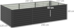 Floreira elevada galvanizada retangular para exterior - fundo aberto - 240 x 120 x 60 cm, cinzento