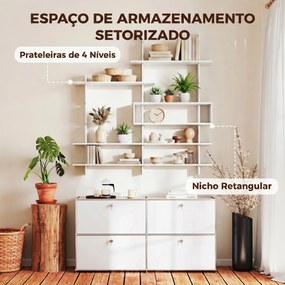 Estante Flutuante de Parede Geométrica Branca 136x20x140 cm com 4 Níveis e Compartimento Central Branco