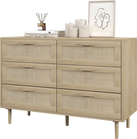 Cómoda com 6 gavetas, móvel de arrumação com trançado de vime, 110 x 40 x 75 cm, acabamento em madeira clara