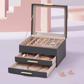 Caixa de jóias com 3 níveis 20,3 x 23,1 x 13,5 cm cinzento + dourado