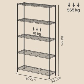 Estante de metal e plastico 30 x 90 x 161 cm, prateleiras ajustáveis, estante de arrumação com 5 níveis para garagem preto
