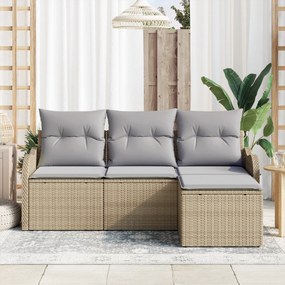 Conjunto de Sofá de Jardim de 4 Peças com Almofadas Bege Rattan PE
