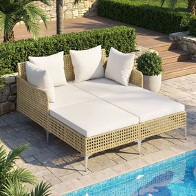 Espreguiçadeira cama dupla de rattan para jardim, para 2 pessoas, com almofadas de assento e encosto e estrutura metálica, para jardim, piscina e terr