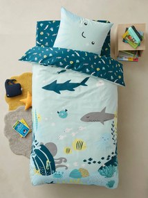 Conjunto capa de edredon + fronha de almofada, para criança, tema Fundo do Mar azul claro liso com motivo