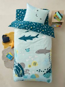 Oferta do IVA - Conjunto capa de edredon + fronha de almofada, para criança, tema Fundo do Mar azul claro liso com motivo