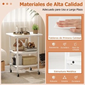 Suporte para impressora 49 x 40 x 65-77 cm de 3 níveis com 2 alturas ajustáveis com Prateleiras de armazenamento Rodas universais bloqueáveis Branco
