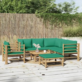 8 pcs conjunto lounge de jardim bambu c/ almofadões verdes