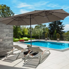 Conjunto de guarda-sol dupla face de 470 cm com 48 luzes LED solares e base recheável de 80 kg, com sistema de manivela, para jardim e piscina Café