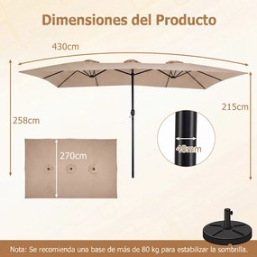 Guarda sol Duplo para Jardim, 430 x 276 x 260 cm (BASE NÃO INCLUIDA), Abertura com Manivela, Caqui