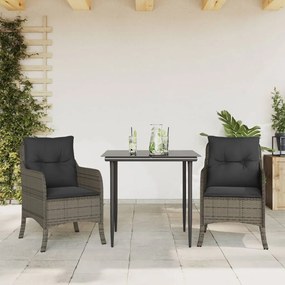 3 pcs conjunto de jantar p/ jardim c/ almofadões vime PE cinza
