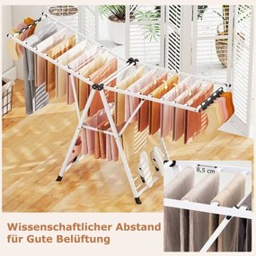 Estendal dobrável com braços ajustáveis 184 x 56 x 99–168 cm, pinças para meias e prateleira para sapatos, secador de roupa Branco