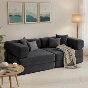 Sofá Cama de 2 Lugares Dobrável Estofado em Chenilla com 2 Almofadas Braços Largos Acolchoamento Grosso Cinzento Escuro