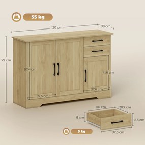 Aparador com 3 Portas Moderno para Sala de Estar com 2 Gavetas Prateleira Ajustável 120x38x79 cm Madeira