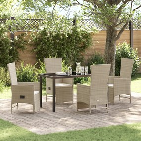 vidaXL Conjunto de Jantar de Jardim com 5 Peças e Almofadas Bege Rattan Polipropileno
