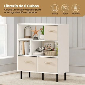 Estante com 6 cubos 90 x 40 x 105 cm e com 3 gavetas de tecido dobráveis e removíveis moderno branca