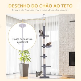 Árvore Arranhadora para Gatos Arranhador para Fixar ao Teto Altura Ajustável com Plataformas Poste de Sisal 40x34x230-260cm Cinza