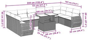 11 pcs conjunto sofás de jardim c/ almofadões vime PE bege