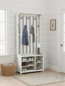 Armario cabide entrada com ganchos 81 x 35 x 180 cm, cabideiro com banco, porta-casacos com ganchos Branco