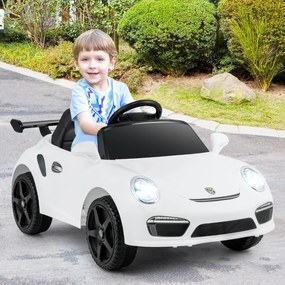 Carro elétrico para crianças de 12 V Porsche licenciado com comando à distância, música, luzes LED, buzina, arranque suave, branco